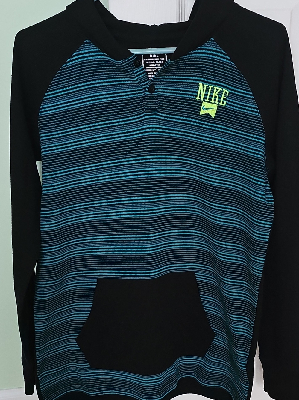 Nike Black & Teal Striped Sweatshirt with Neon Yellow Logo